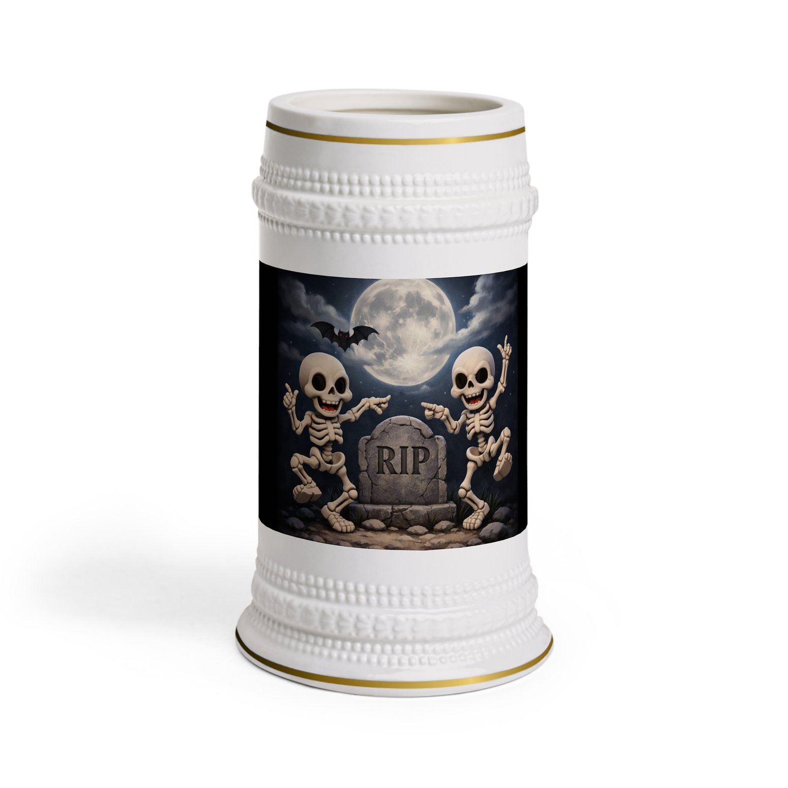 Halloween Skeleton Beer Stein — RIP Dancing Skeletons & Tombstone Design