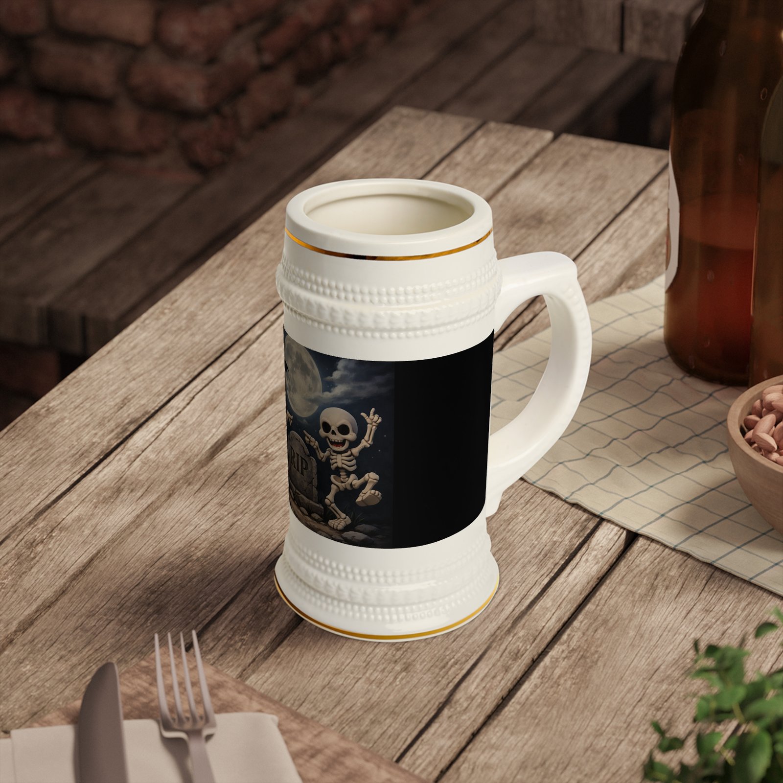 Halloween Skeleton Beer Stein — RIP Dancing Skeletons & Tombstone Design - Image 6